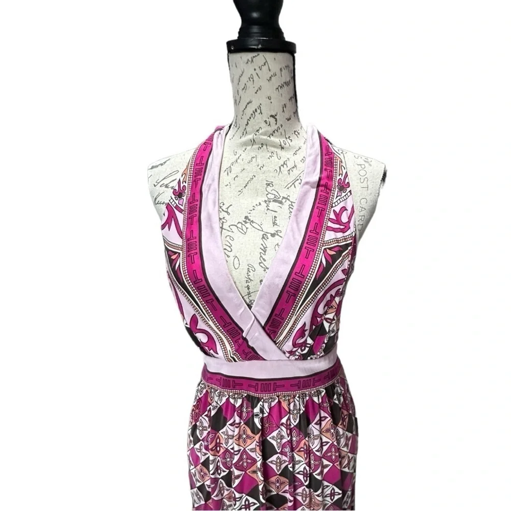 Tory Burch Silk Pink & Multi Color Halter Dress Size Large